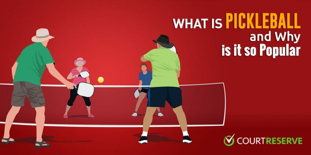 People playing pickleball on a red court with text asking about its popularity.