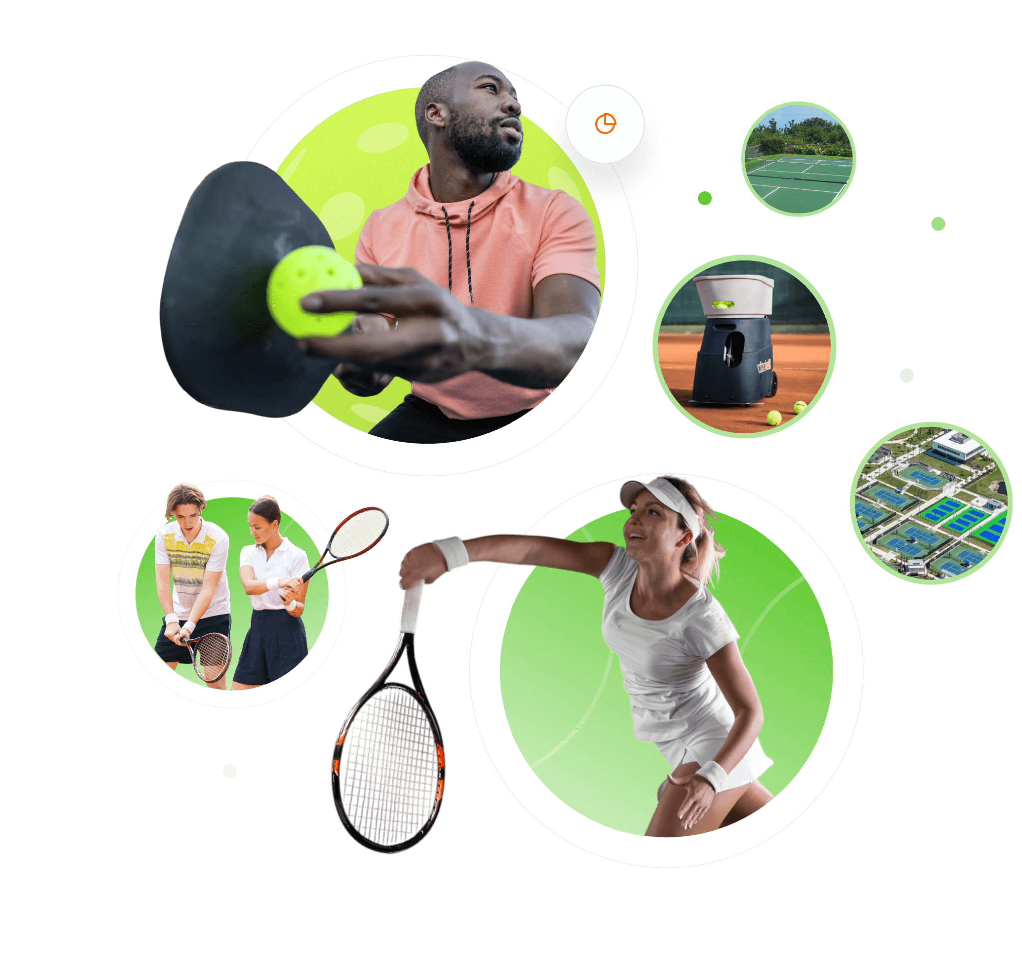 bannerher Collage of people playing tennis, a tennis ball launcher, and aerial view of tennis courts.
