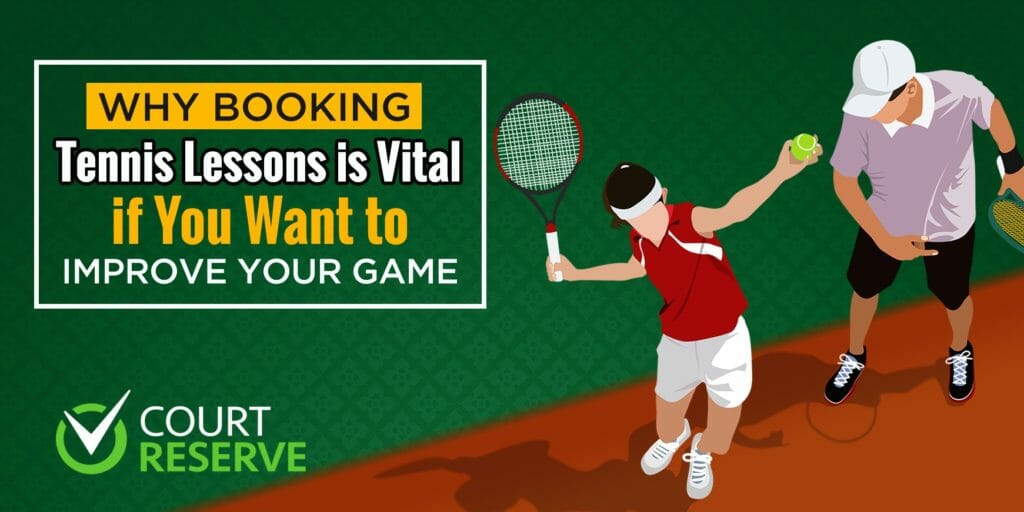 Two tennis players on court, one serving; text promotes booking lessons to improve your game.