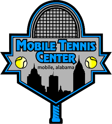 Logo of the Mobile Tennis Center with tennis racket, skyline, and tennis balls.