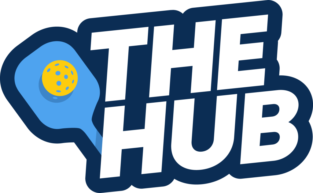 Text "THE HUB" with a blue pickleball paddle and a yellow ball.