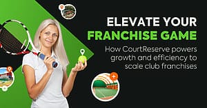 Woman with tennis racket and ball, text promoting CourtReserve for franchise growth, tennis court icons