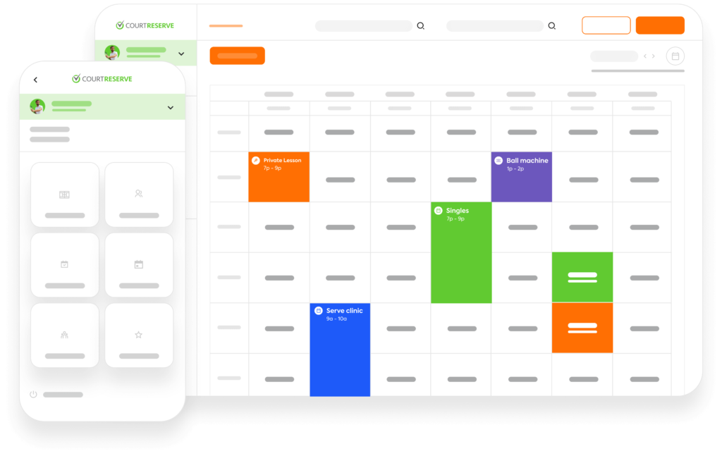 Group-336 Mobile and desktop view of scheduling app showing a calendar with events: private lesson, clinic, singles