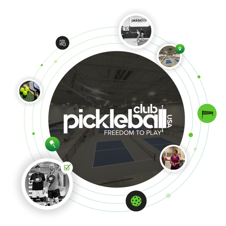 Pickleball Club USA logo with "Freedom to Play" slogan and sport-related images and icons.