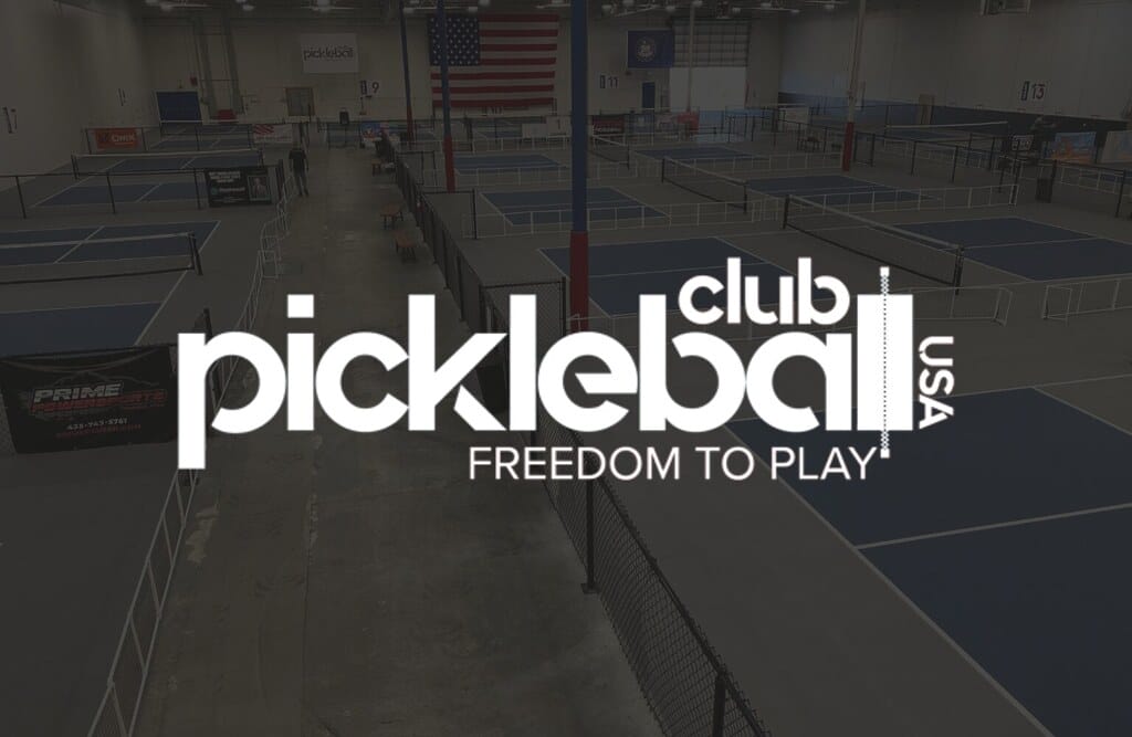 Indoor pickleball courts with "Pickleball Club USA: Freedom to Play" text overlay.