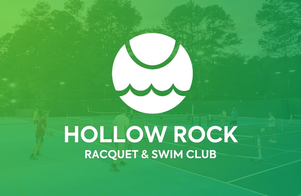 Hollow Rock Racquet & Swim Club logo over people playing tennis on a tree-lined green court.