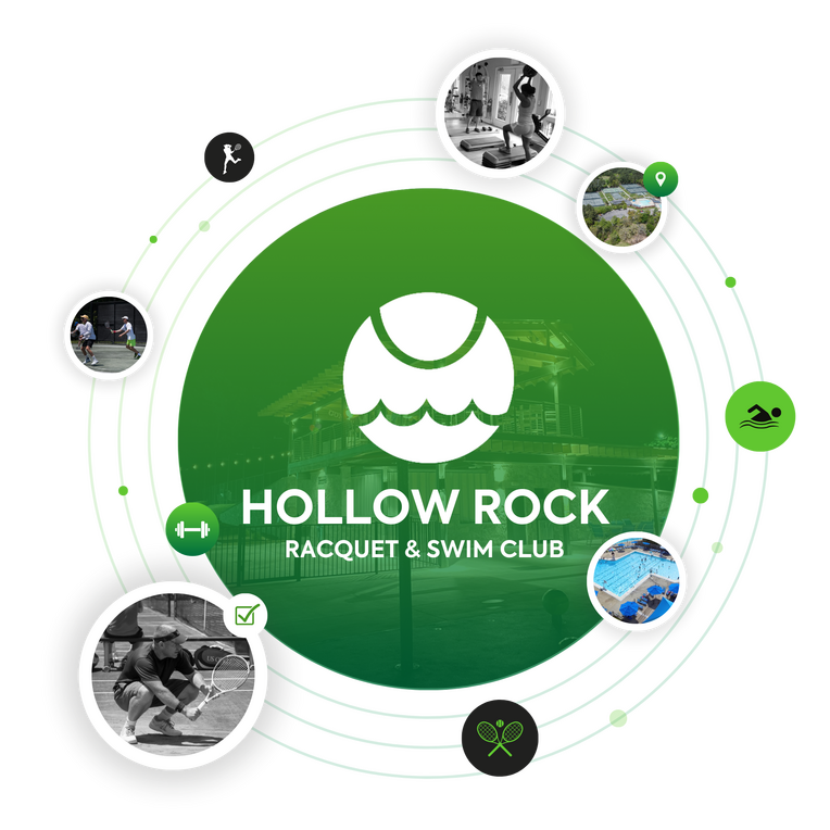 Hollow Rock Racquet & Swim Club logo with icons for gym, location, tennis, swimming, and fitness.