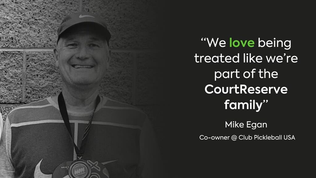 Man with cap and medal, Mike Egan's quote on CourtReserve family, Club Pickleball USA co-owner.