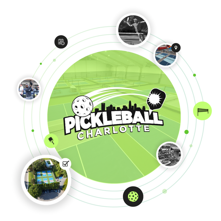 Pickleball Charlotte logo on green, with circles depicting various pickleball activities and courts.