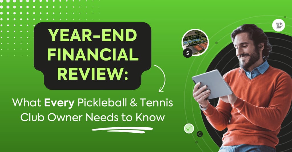 Year-end financial review for pickleball and tennis club owners, man smiling with a tablet