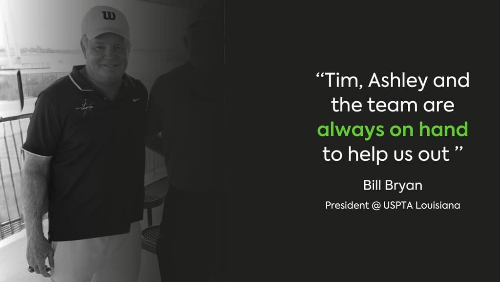 Man in cap and polo with a quote from Bill Bryan praising Tim, Ashley, and the team.