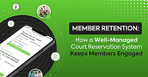 Smartphone showing court reservation app with people and sports icons; text: "Member Retention..."