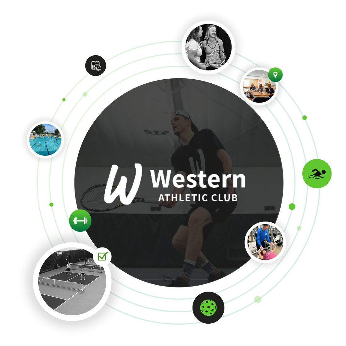 Western Athletic Club logo, tennis player, and surrounding circular icons.