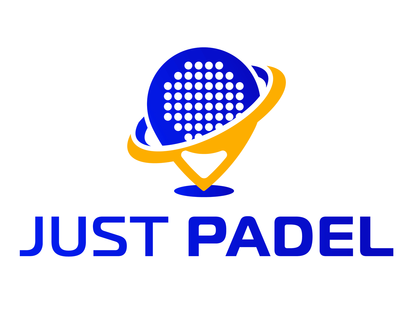 Blue padel racket with a yellow swoosh, text "Just Padel" below.