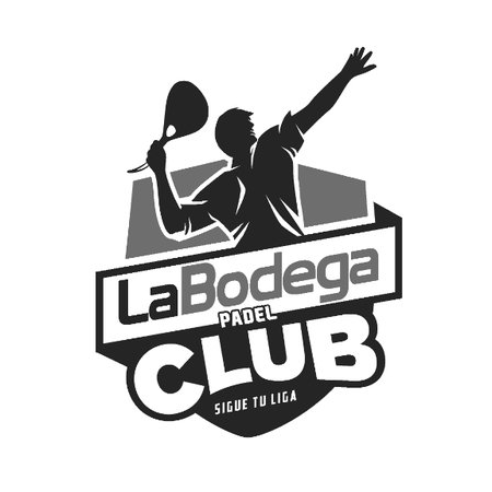 Black and white logo of La Bodega Padel Club featuring a silhouette of a player swinging a racket.