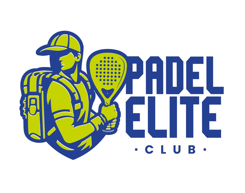 Illustrated padel player with a paddle and backpack next to the text "Padel Elite Club."
