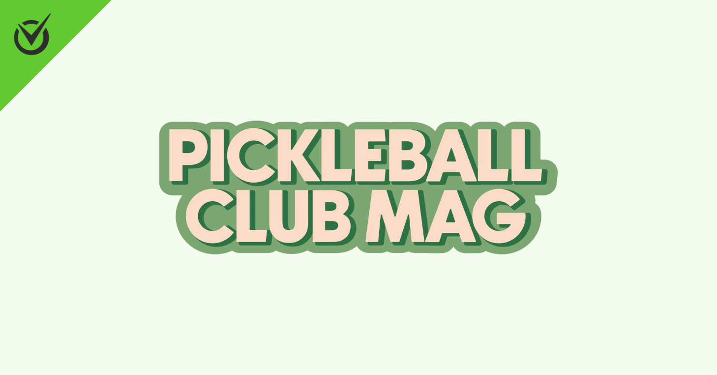 "Pickleball Club Mag" in bold, green outline on light background with a green corner check mark.