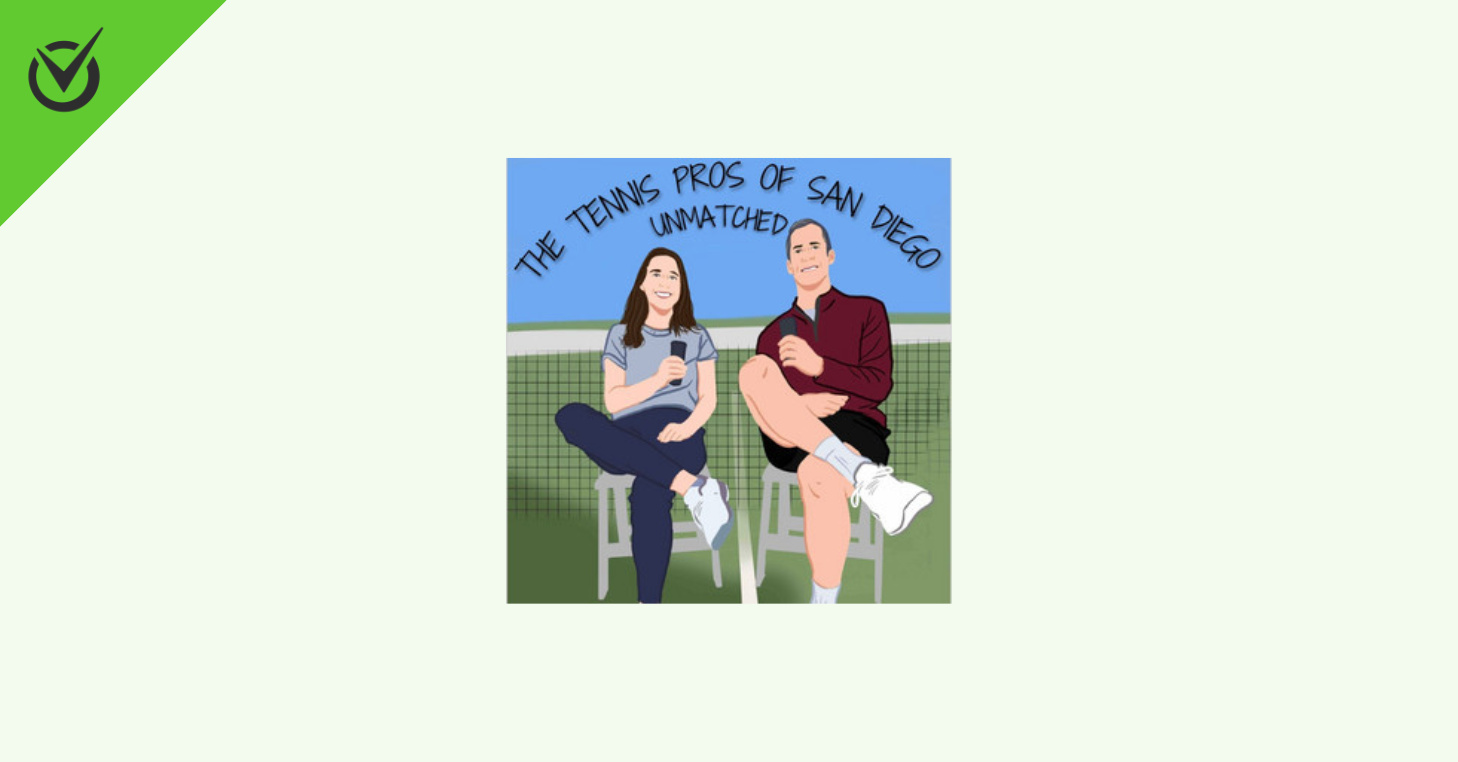 Two people with microphones on stools in front of tennis court, text: "The Tennis Pros of San Diego"