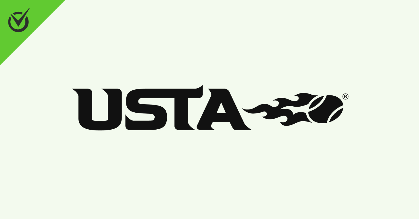 Black "USTA" text with a flaming tennis ball on a light green background.