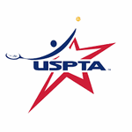 images USPTA logo with a red star, blue figure playing tennis, and yellow tennis ball.