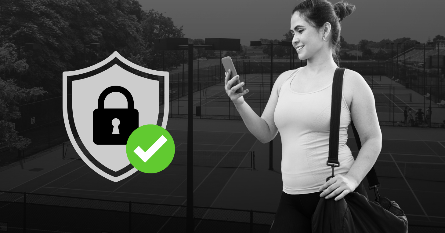 A secure padlock icon inside a shield is layered over a darkened background of tennis and pickleball courts, with the CourtReserve checkmark logo in the corner. The image symbolizes secure, verified access control for racquet and paddle clubs.