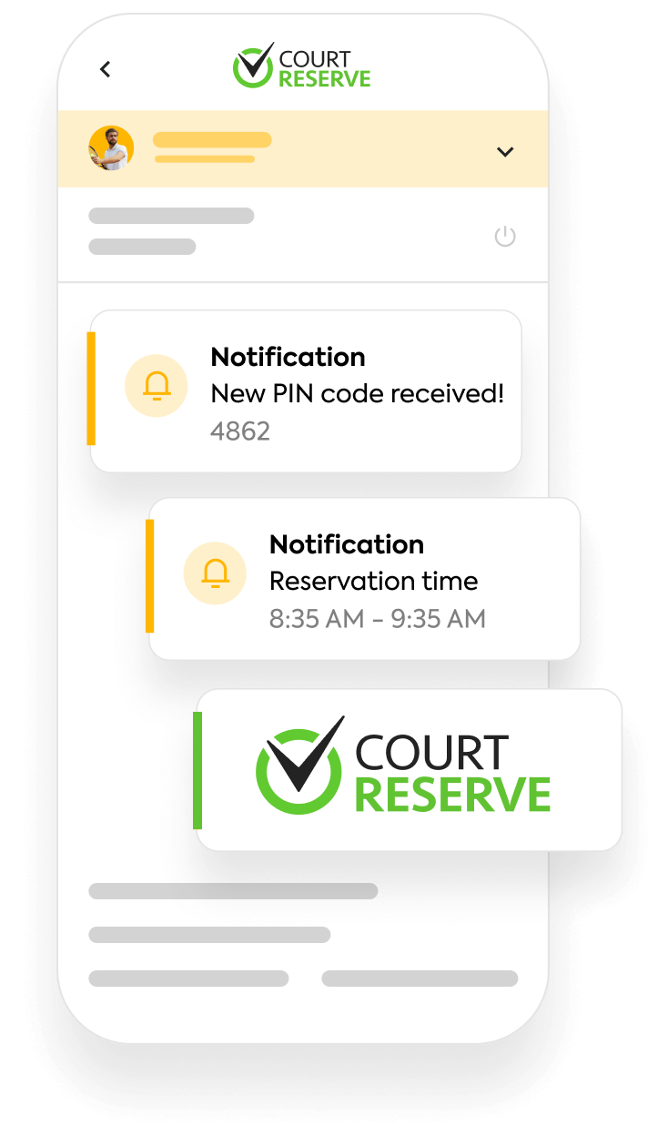 acces-control-mobile Mobile app interface showing notifications: new PIN code and reservation time.