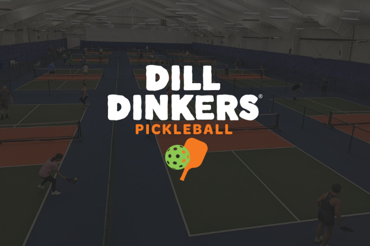 Dill-Dinkers-1 Indoor pickleball courts with players. Dill Dinkers logo overlayed
