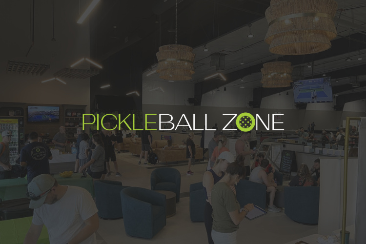 Interior of Pickleball Zone in Porter, TX in background with their logo overlayed