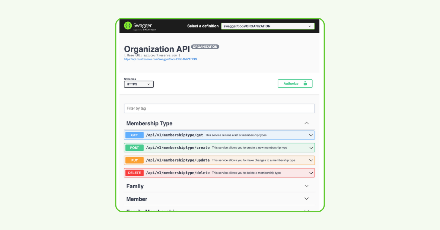 Example of CourtReserve’s Organization API methods