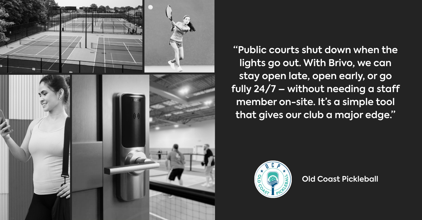 Left side shows 4 images: one of a pickleball court, one of a plyer mid-game, one of a player on their phone, and one of a door with Brivo lock. Right side displays quote from OCP.