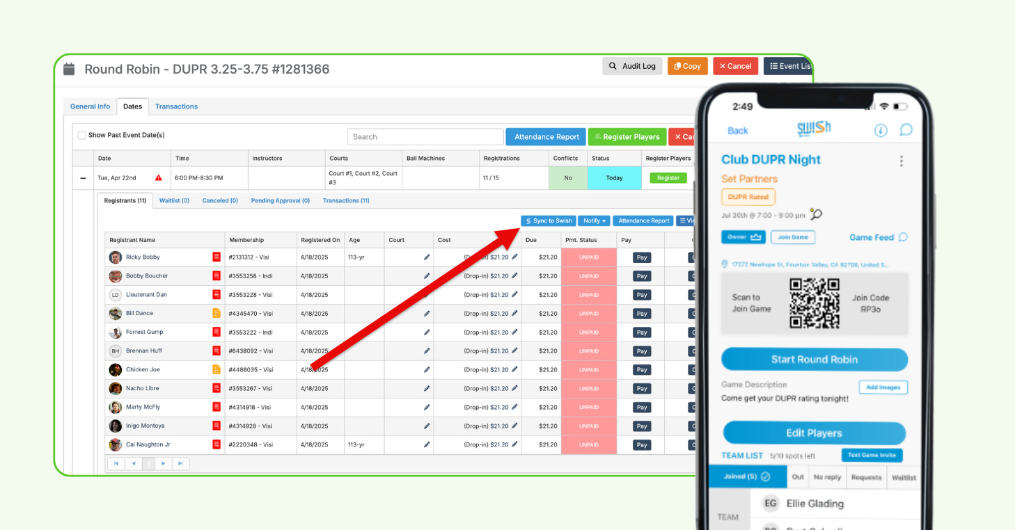 Example of CourtReserve and Swish user interface for admins and players. 