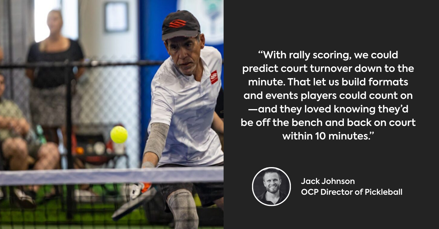Left side shows player hitting pickleball over net while players watch and wait in the background for their turn. Right side displays quote from Jack Johnson.