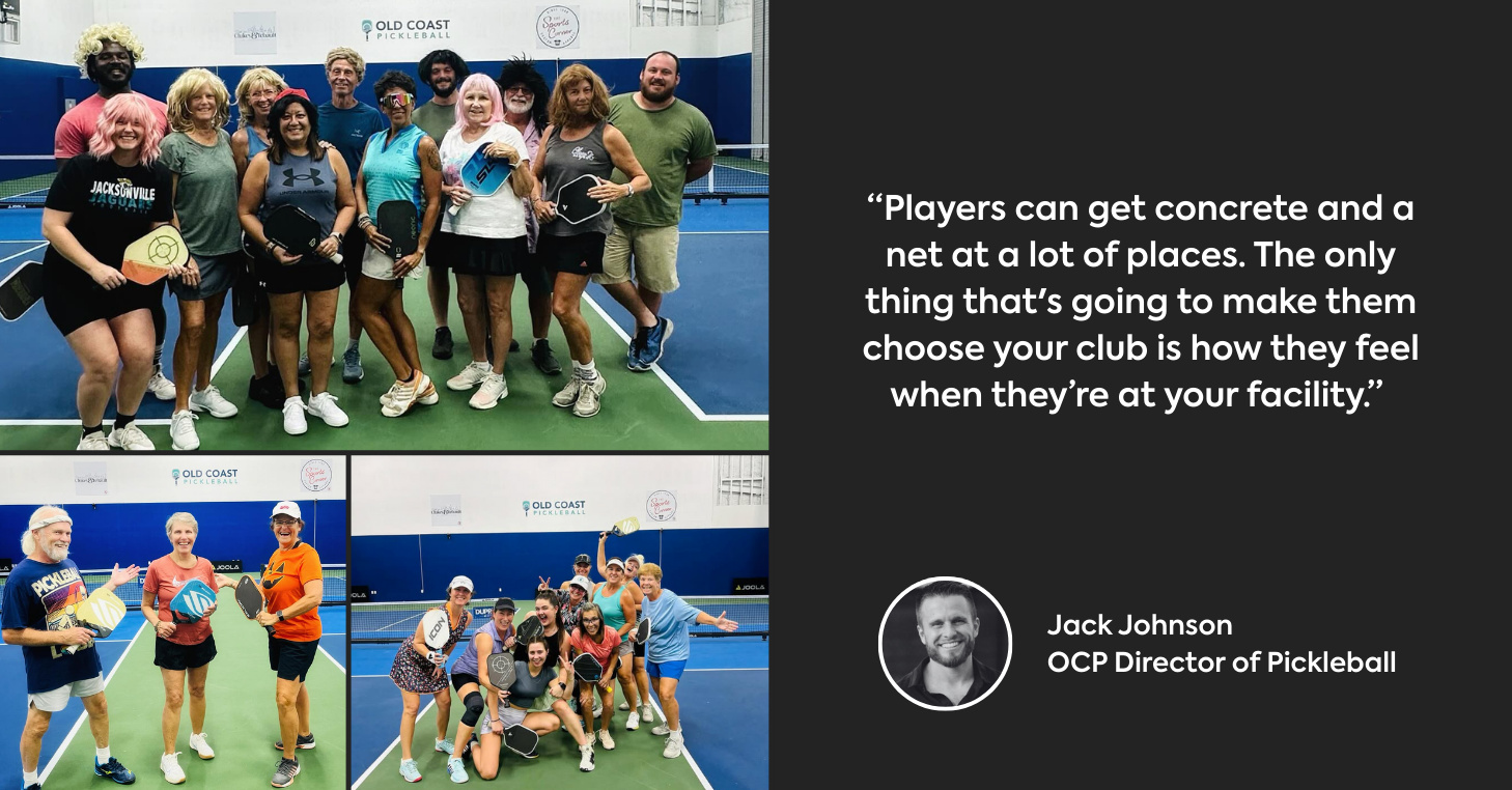 Left side shows 3 images of players on OCP's courts having fun and being silly. Right side displays quote from Jack Johnson.