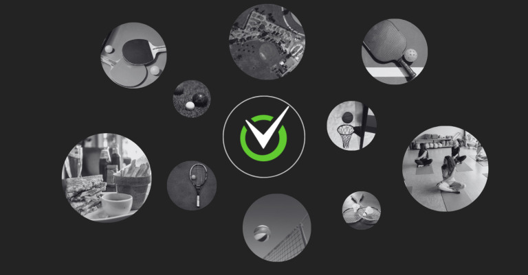 Collage of sports equipment yoga and food around a green check mark