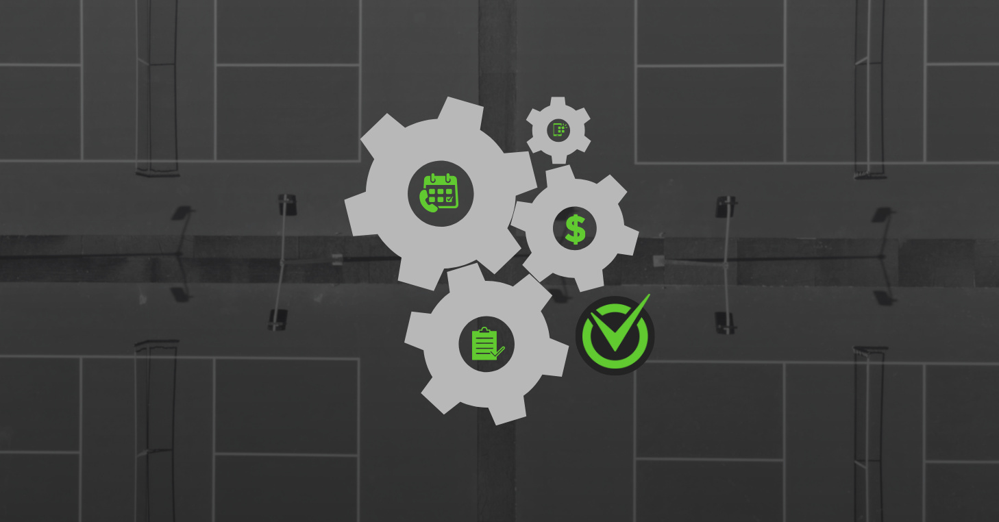 Tech Stack Racquet courts in background. Cogs with icons in center symbolizing different parts of club management software working together. CourtReserve logo in lower right.
