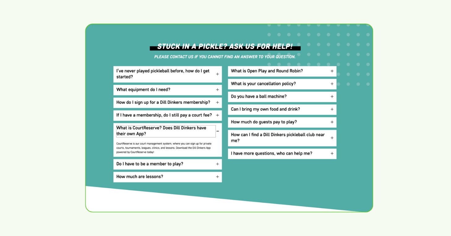 Screenshot of Dill Dinkers FAQ page on their website.