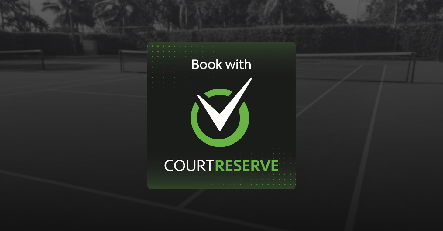 Player Onboarding Blog 1 CourtReserve logo with green check mark and text: Book with CourtReserve, over a blurred tennis court background.