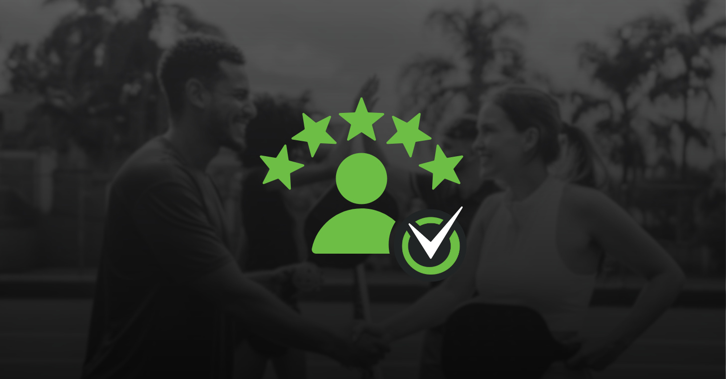 player experience Two smiling racquet sport players shaking hands on the court, symbolizing great player experience with a five-star and checkmark icon overlay.