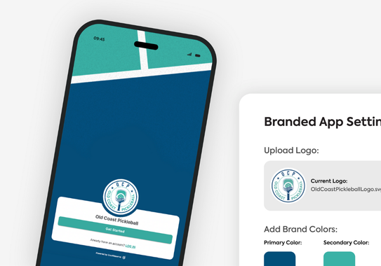 Branded Mobile App How it Works Old coast pickleball app setup screen with logo upload and brand color options