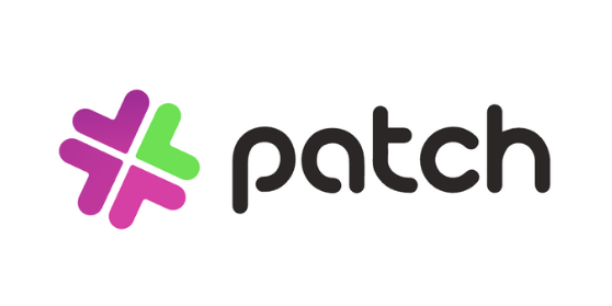 Colorful abstract arrow logo, text reads "patch"