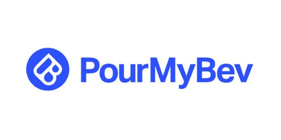PourMyBev logo with blue text and symbol