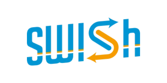 Swish logo with arrows through letter s in blue and orange