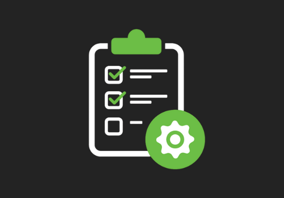 Checklist with green checkmarks and a gear icon