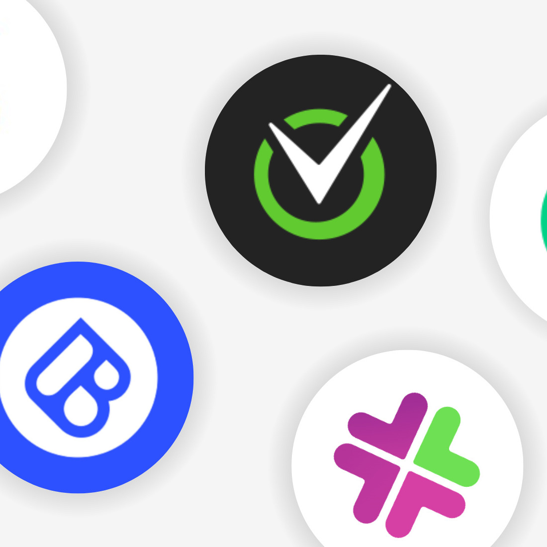 Five colorful app logos in circular frames on a light background